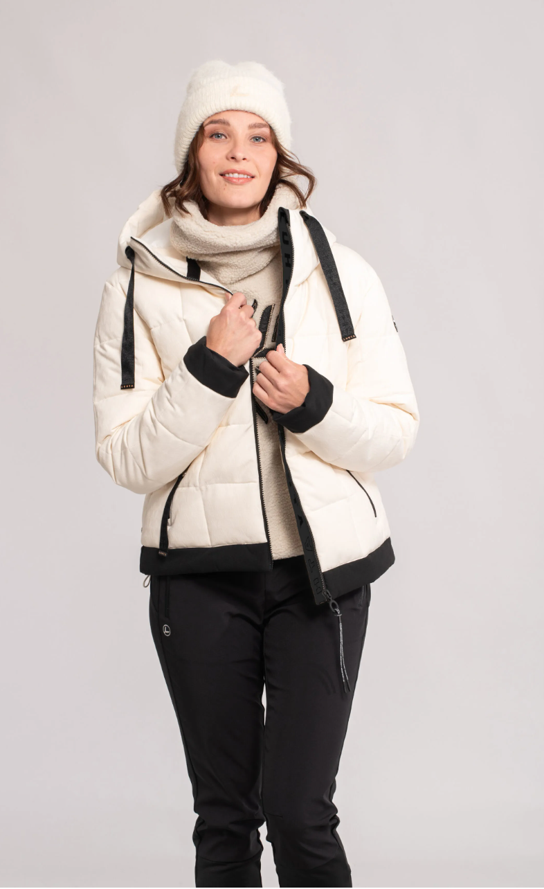 Manteau puffer court rehaussé d'accents noirs