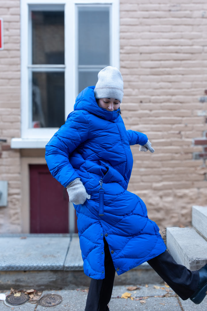 Manteau long type doudoune, matelassé en serpentins